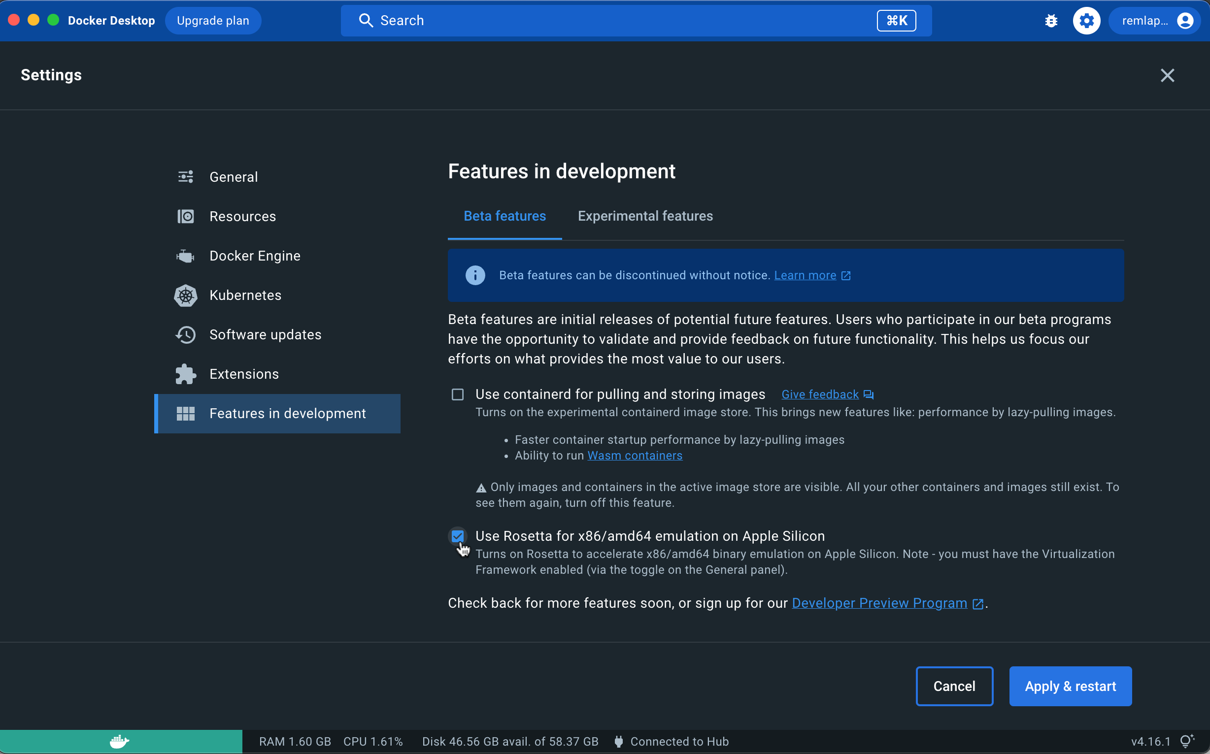 Screenshot of turning on the Docker Rosette feature.