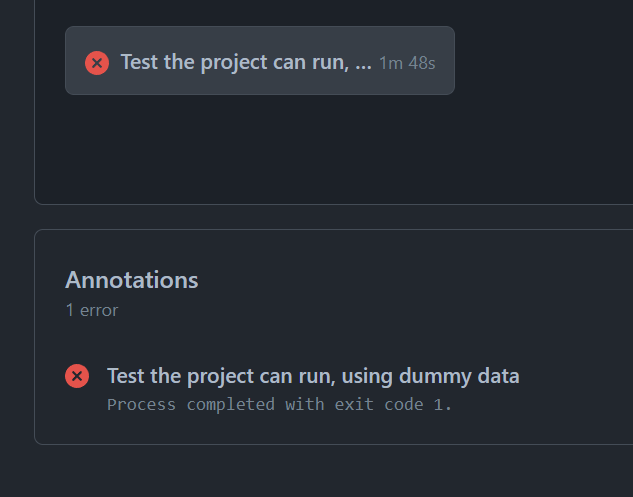 Screenshot of a failing GitHub actions workflow.