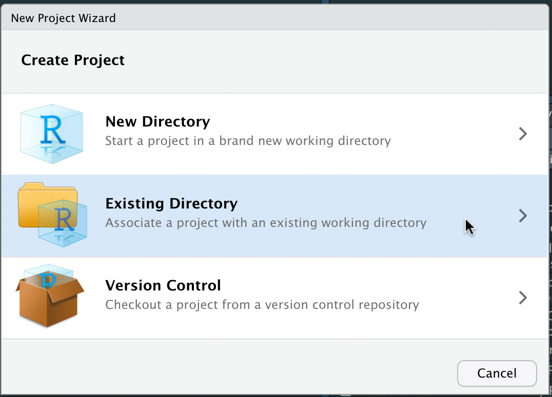 Screenshot of creating an RStudio project from an existing directory.